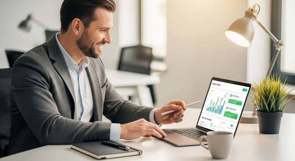 Consultant reviewing strong growth metrics after adopting MarketEngine’s AI-powered digital marketing services for small business. 