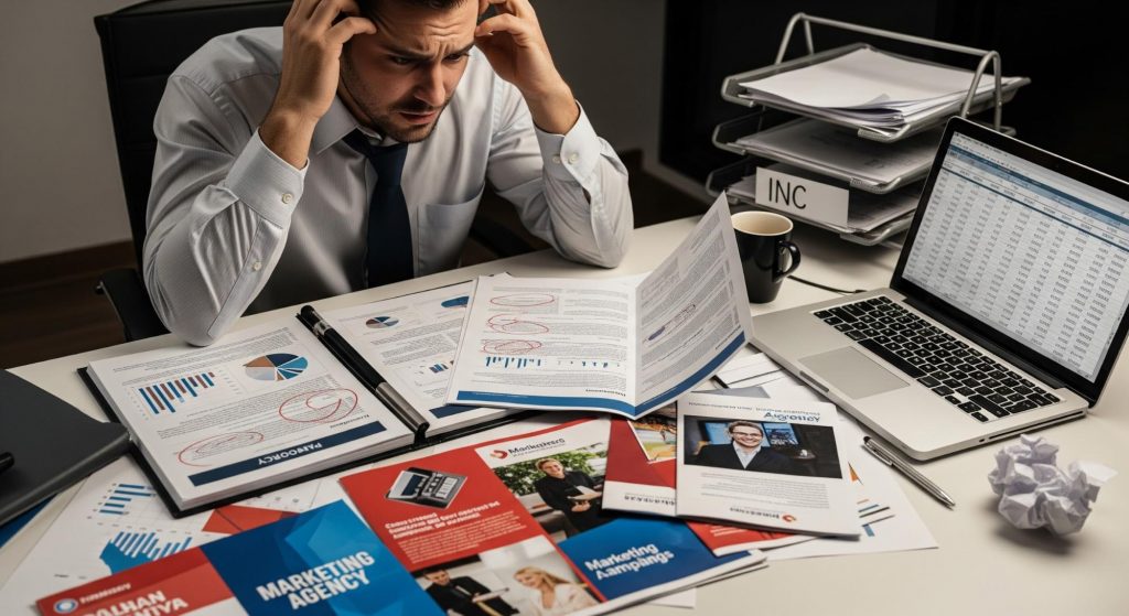 Small business owner frustrated with expensive small business marketing agency proposals and inconsistent results.