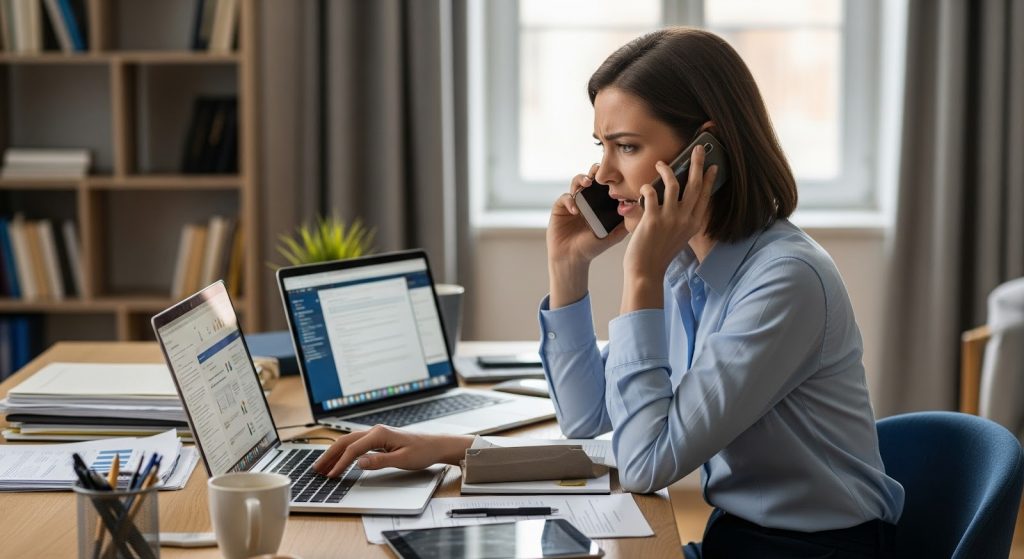 Small business owner overwhelmed by disjointed marketing tasks before adopting affordable digital marketing services. 