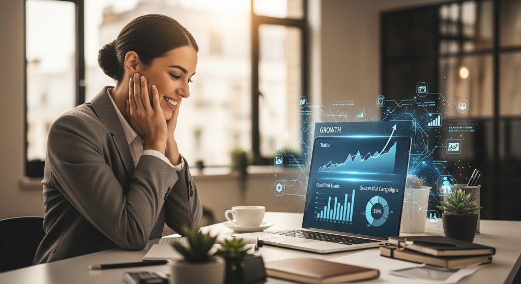  Business owner confident after using MarketEngine’s AI-powered affordable digital marketing services to drive rapid demand growth. 
