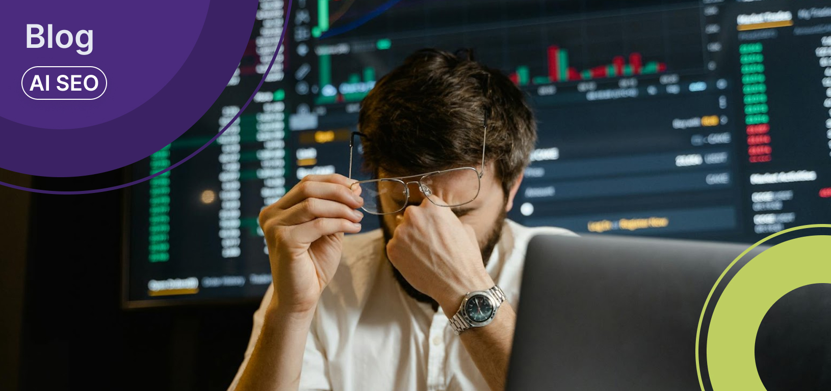 Frustrated man overwhelmed by charts and graphs, representing challenges before using marketing services for startups.