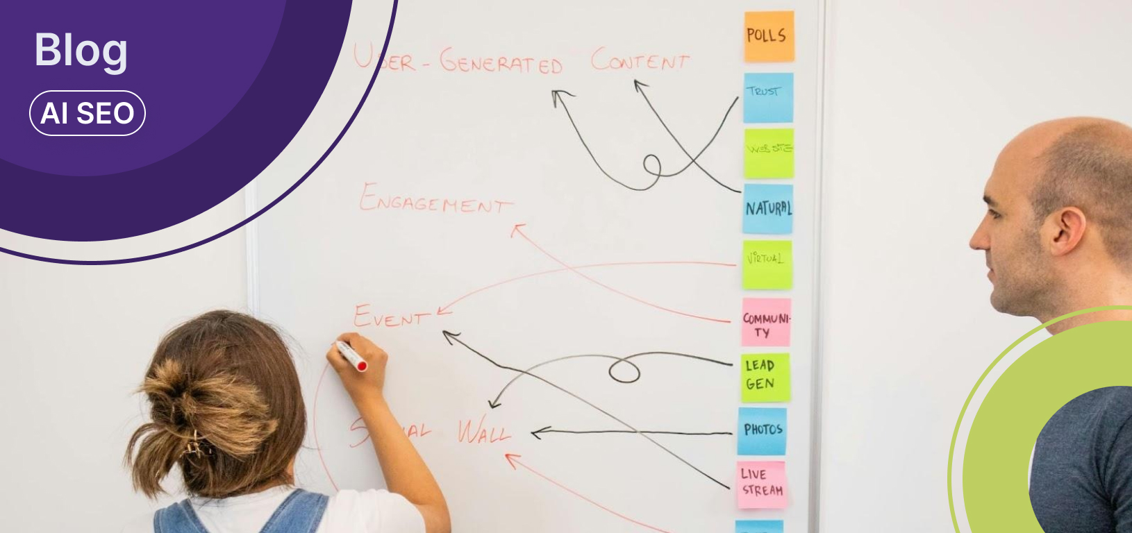 A woman writing events, user-generated content, and engagement on a whiteboard while a man observes, showing digital marketing for small businesses in action.