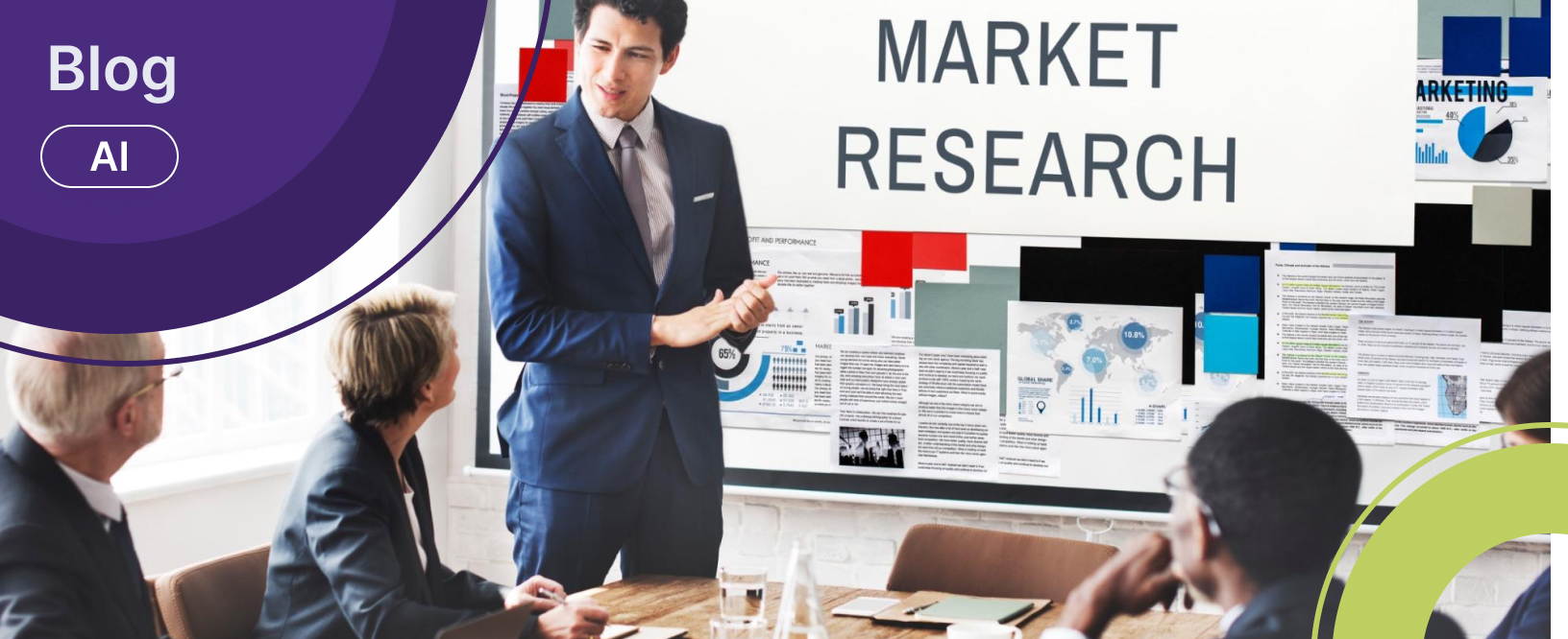 Team leader discussing market research with teammates around a table, big screen showing components, highlighting marketing services for startups.