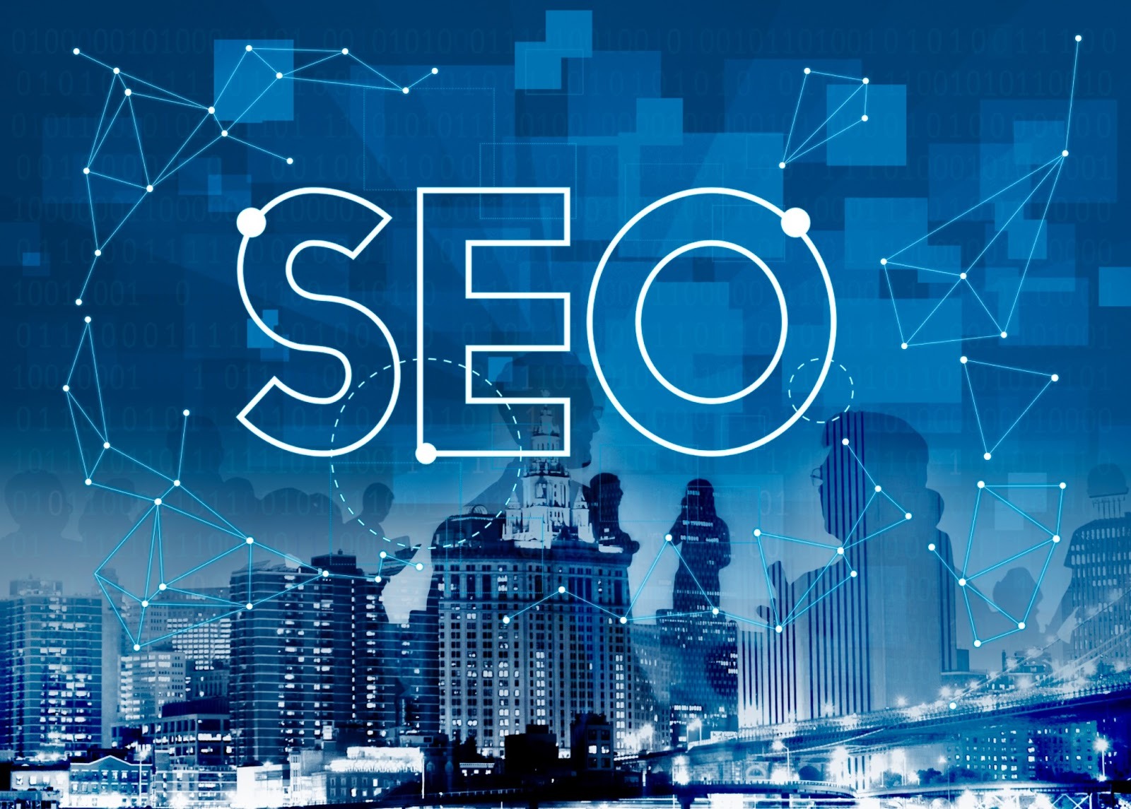Illustration showing the word “SEO” connected to multiple strategic points with lines, set against a silhouette of real estate buildings, representing AI-driven seo for builders and modern digital visibility in search.