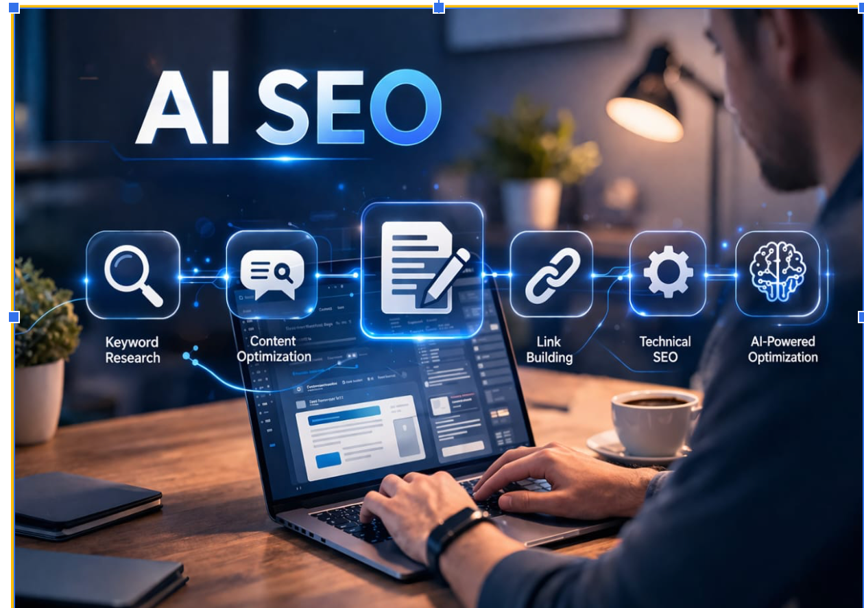 AI SEO workflow showing keyword research, content optimization, and link building in a modern workspace.