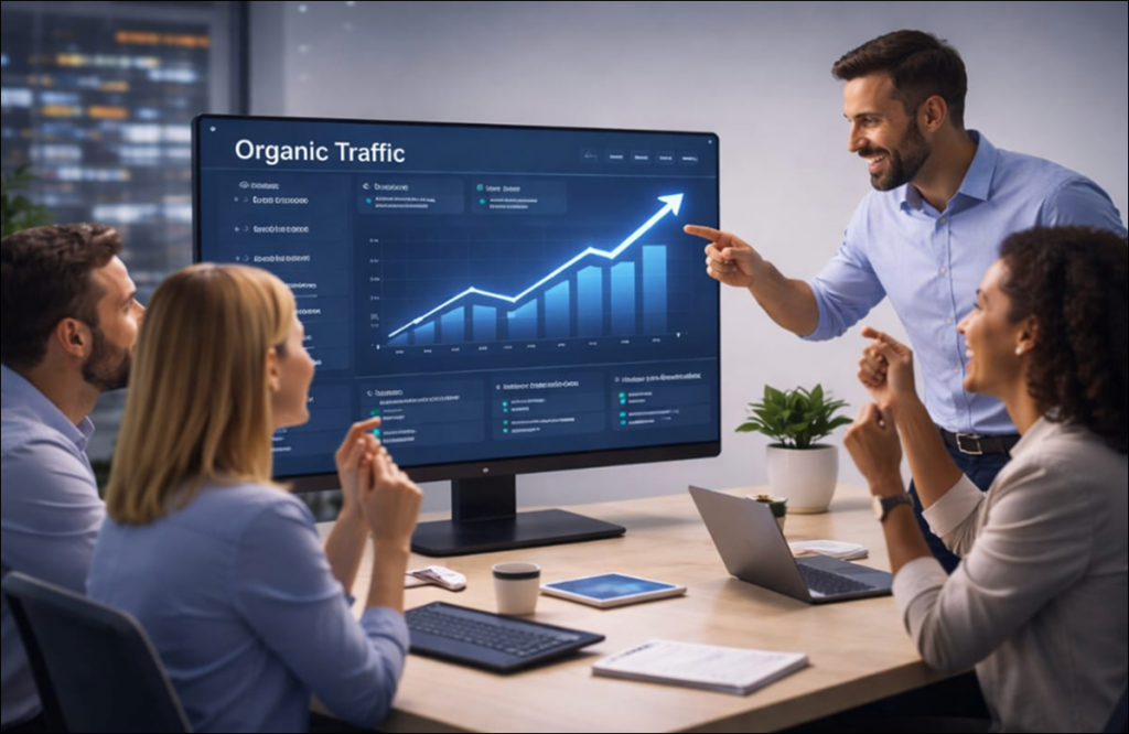 Marketing team reviewing organic traffic growth analytics on a large digital dashboard during a business meeting.
