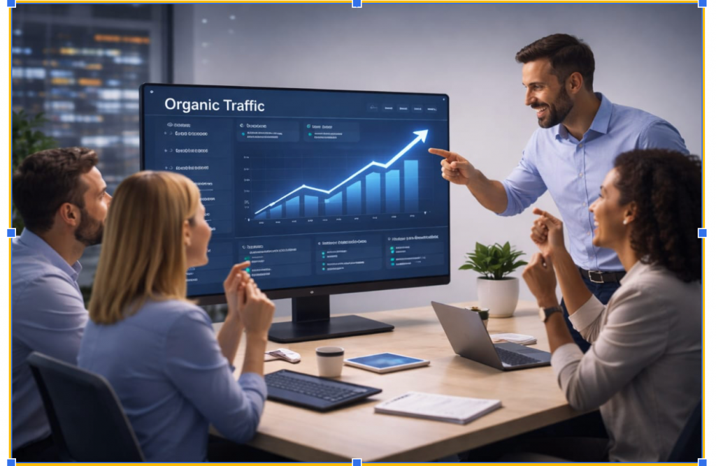 Team analyzing increasing organic traffic growth on a dashboard with upward trend graph.