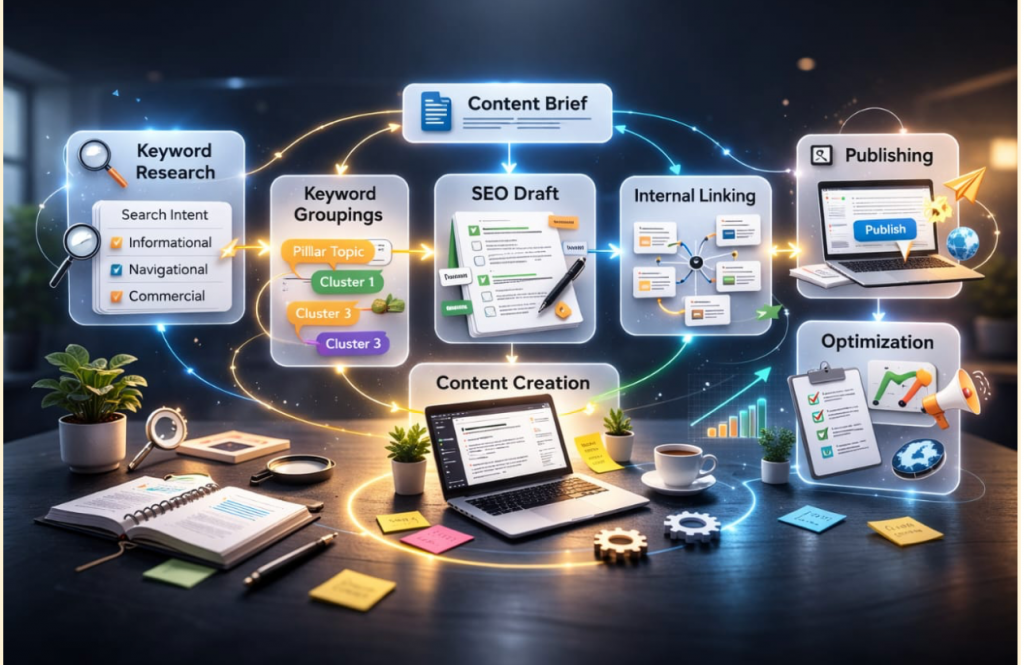 Digital workflow diagram showing keyword research, content planning, SEO drafting, internal linking, publishing, and optimization processes.
