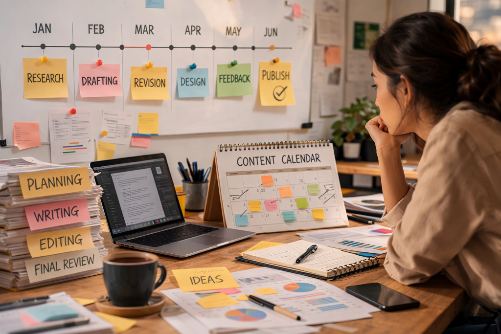 Marketer reviewing a content calendar and multi-stage editorial workflow including research, drafting, revision, design, feedback, and publishing steps.
