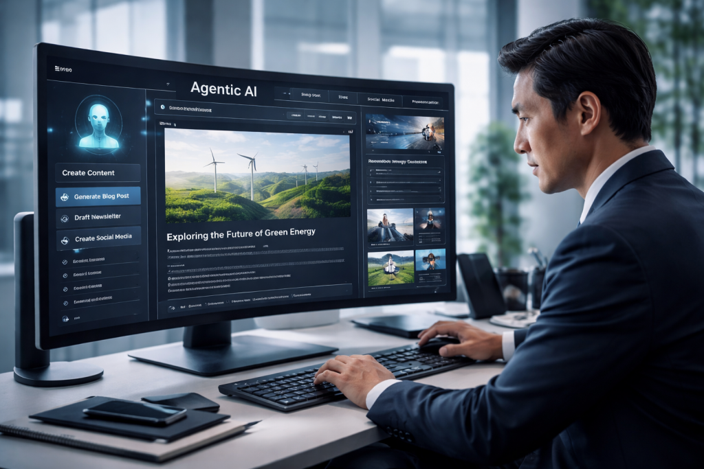 A suited man sitting at their desk and using Agentic AI to create professional blogging content.
