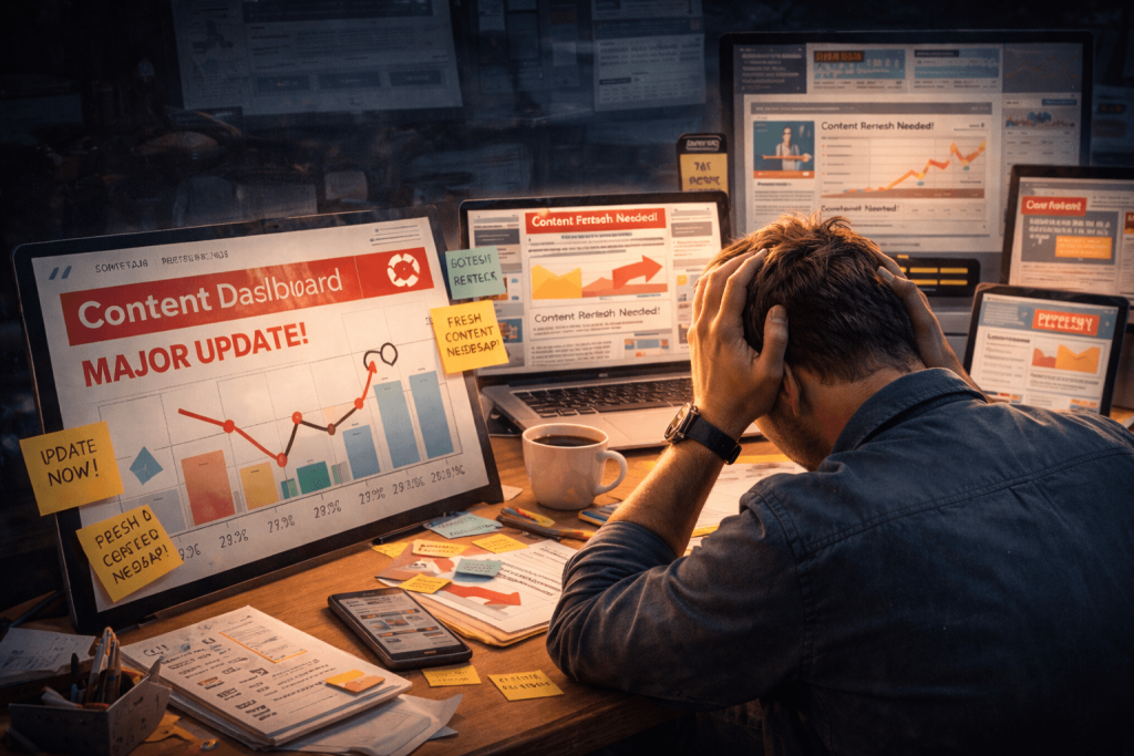 Overwhelmed marketer reviewing multiple dashboards showing urgent content updates, analytics drops, and refresh alerts across several screens.
