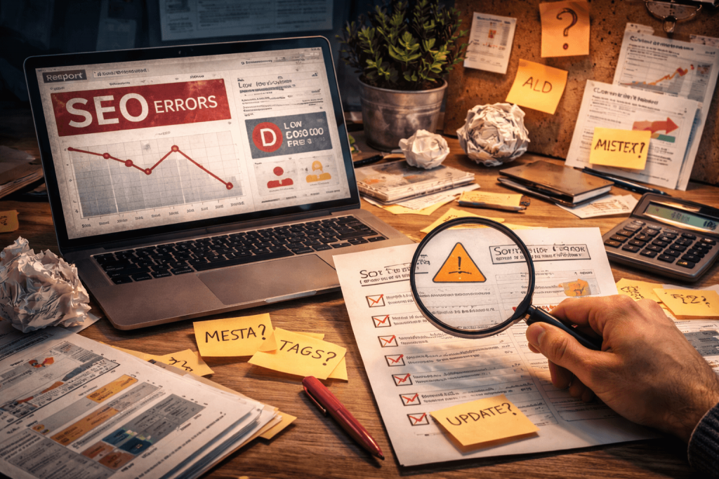 Laptop displaying SEO error dashboard while a person reviews an on-page optimization checklist with a magnifying glass on a cluttered desk.
