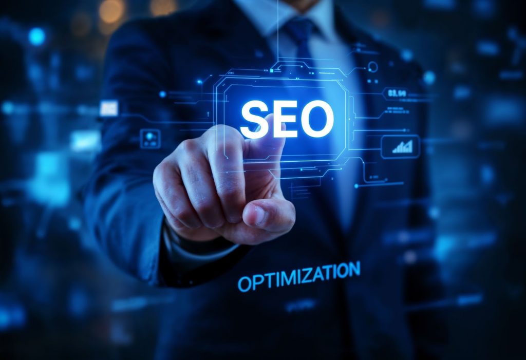 Business professional interacting with digital SEO optimization interface, representing AI-driven content optimization and conversion-focused search strategy