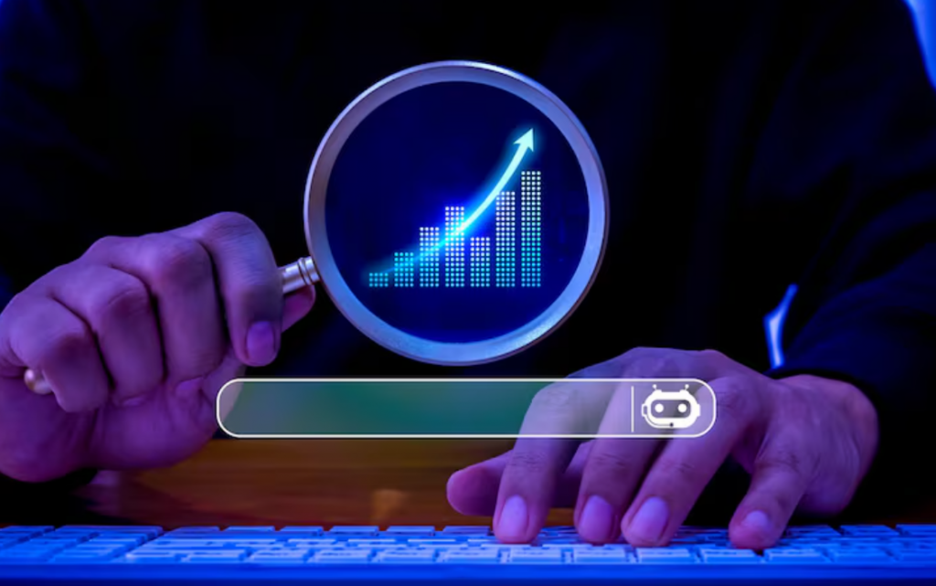 Hand holding magnifying glass over digital growth chart on screen, representing AI-powered medical device marketing strategy and improved search visibility