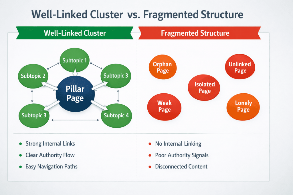 Side-by-side diagram showing a well-linked SEO content cluster with a central pillar and interconnected subtopics versus a fragmented structure with isolated, unlinked pages