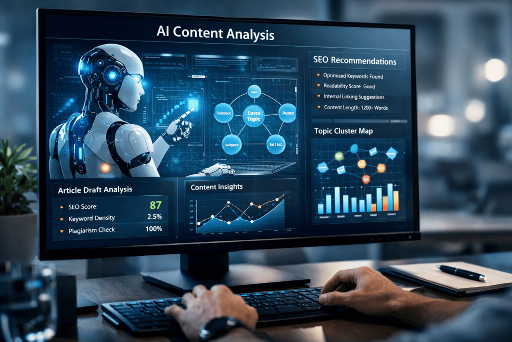 AI SEO agent analyzing website content gaps and keyword performance on a computer screen