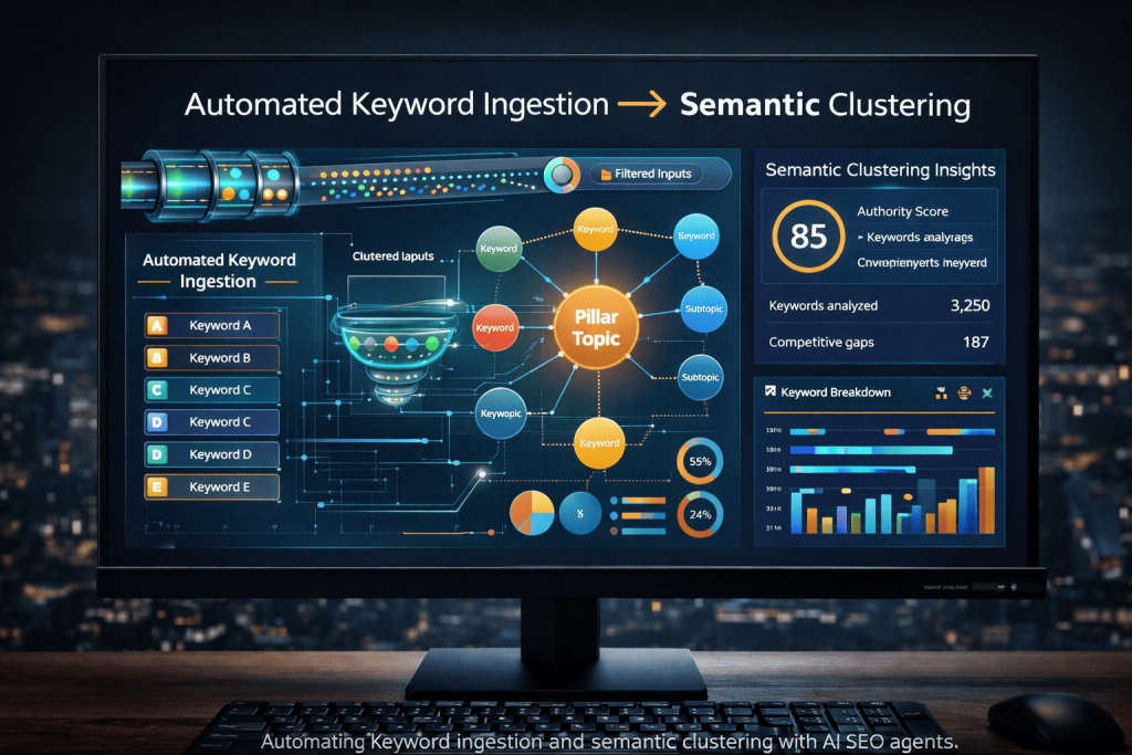AI SEO agent dashboard showing automated keyword ingestion and semantic clustering with data visualization