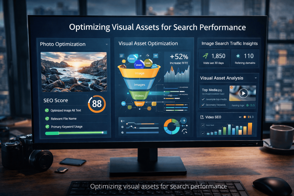 AI SEO agent dashboard showing image optimization metrics, SEO scores, and visual asset performance data
