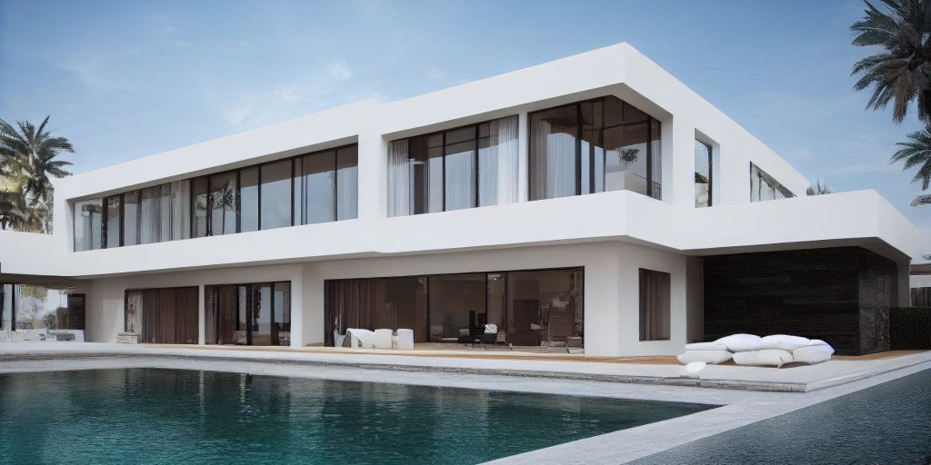 Modern luxury waterfront residence featuring expansive glass walls, clean lines, and outdoor pool.
