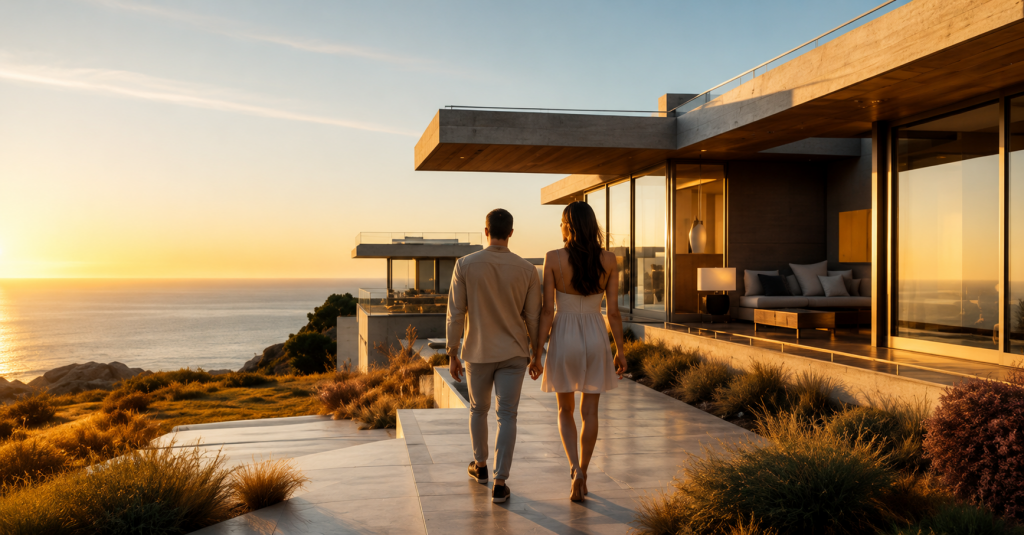 Couple walking toward a modern luxury beachfront home at sunset with panoramic ocean views and elegant architecture.

