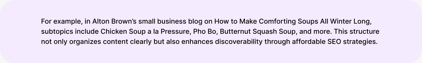 Example of a small business blog strategy using a soup pillar page by Alton Brown, showing effective small business blogging and affordable SEO.