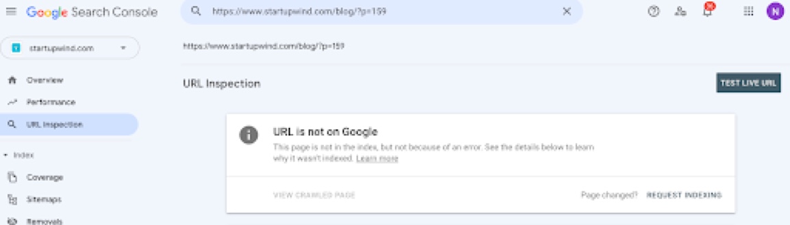 Small business SEO check—URL inspection shows the page is not on Google, indicating it needs indexing for search visibility