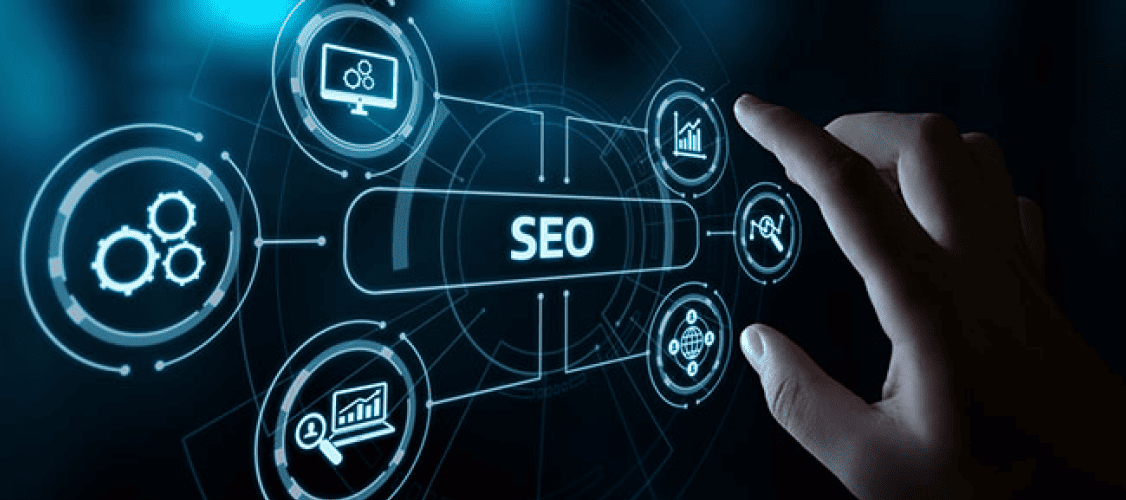 A hand interacts with a virtual SEO interface featuring icons for analytics, gears, and graphs, set against a digital blue background.