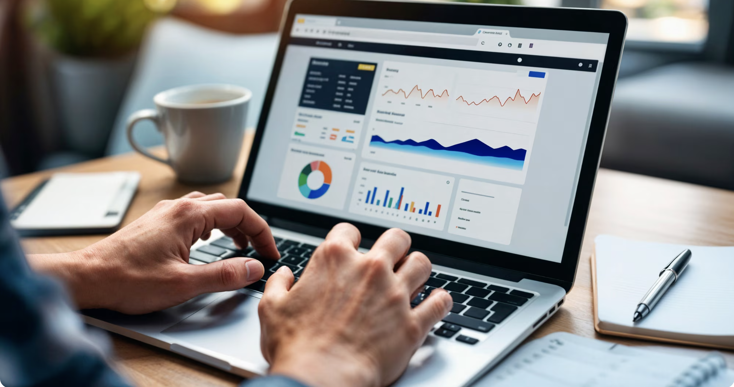 Person using a laptop displaying a dashboard with graphs and charts. A coffee cup, notebook, and pen are on the wooden table, creating a focused work setting.